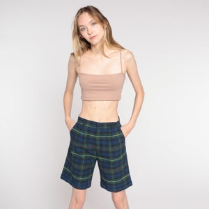 Vintage 90s Plaid Shorts Pleated Trouser Shorts Green Navy Blue Mom Shorts High Waisted Retro Checkered Preppy Knee Length 1990s Small xs 26