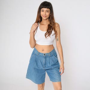Vintage 90s Pleated Jean Shorts Bermuda Denim Shorts Retro High Waisted Mom Shorts Mid Length Blue Summer 1990s Large 31 Waist