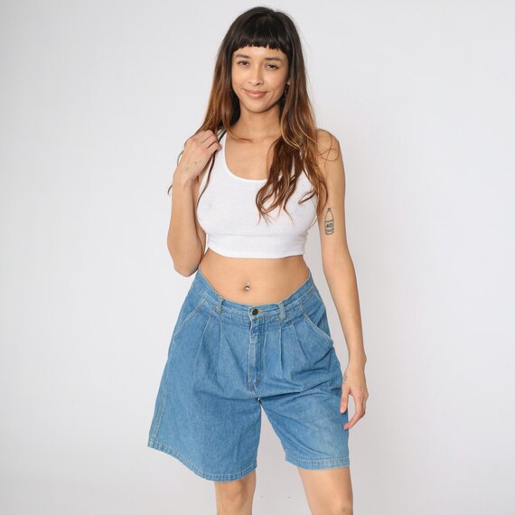 Vintage 90s Pleated Jean Shorts Bermuda Denim Shorts Retro High Waisted Mom Shorts Mid Length Blue Summer 1990s Large 31 Waist