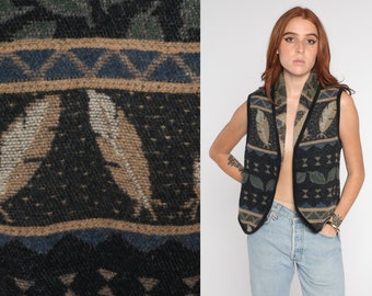 Tapestry Vest 90s Feather Leaf Print Blanket Vest Open Front Southwestern Sleeveless Top Western Hippie Wool Blend Vintage 1990s Small S