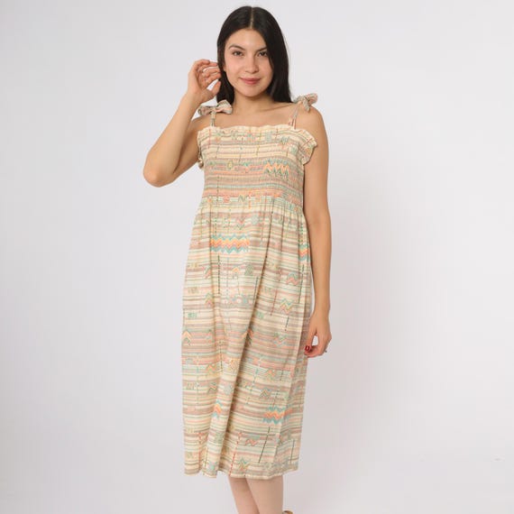 Summer Day Dress 70s Cream Pastel Aztec Stripe Tie Shoulder Midi Length Sleeveless Lightweight Cotton Boho Festival Sundress Medium Large