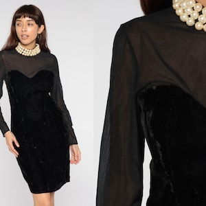Velvet Party Dress 80s Black Pearl Beaded Dress Illusion Neckline Sheer Sleeve Formal Gothic Sheath Cocktail Sweetheart 90s Medium 8