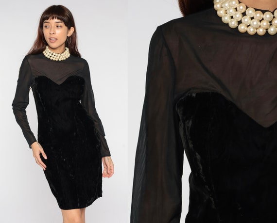 Velvet Party Dress 80s Black Pearl Beaded Dress Illusion Neckline Sheer Sleeve Formal Gothic Sheath Cocktail Sweetheart 90s Medium 8