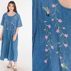 Floral Denim Dress Y2k Jean Hummingbird Midi Dress Embroidered Flower Bird Dress Blue Shift Retro Casual Short Sleeve Vintage 00s 2x 2xl image 1