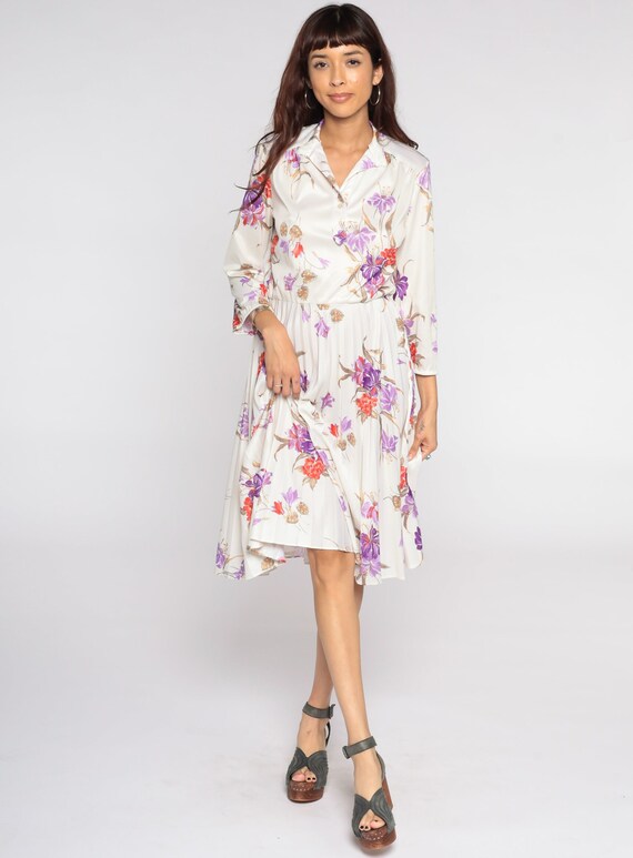 Cream Floral Dress 70s Midi Bohemian PLEATED Button Up Vintage Boho High Waisted Long Sleeve Romantic Vtg Hippie Disco Tropical Small Medium