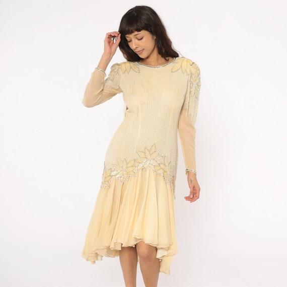 80s Silk Dress Beaded Sequin Drop Waist Pale Cream Ivory Cocktail Party Formal Evening Floral Asymmetric New Years Eve Vintage Medium M