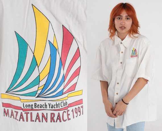 Long Beach Yacht Club Shirt Mazatlan Race 1997 90s Sailboat Button Up Nautical Shirt Mexico Short Sleeve White Vintage 1990s Extra Large xl