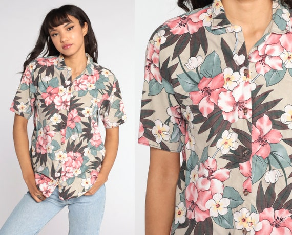 Tropical Floral Shirt White Pink Hawaiian Blouse Button Up 80s Vintage Surfer Vacation Short Sleeve Top 1980s Taupe Medium M