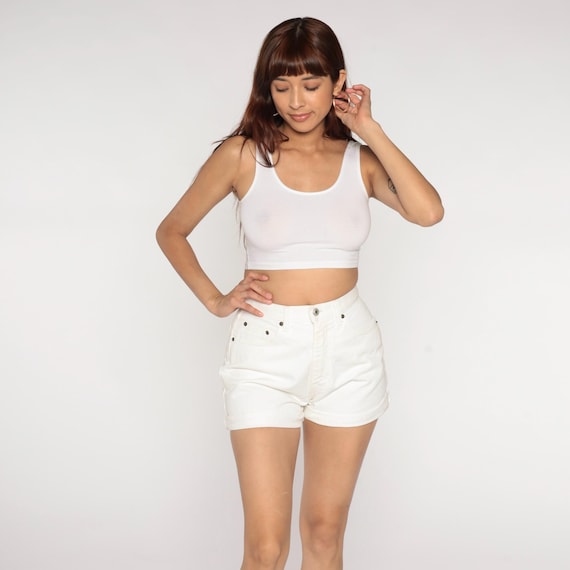 White Denim Shorts 90s Cotton High Waisted Rolled Cuff Mom Jean Button Fly Summer Casual Boyfriend Fit Chamonix Vintage Tomboy Small S