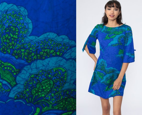 Psychedelic Hawaiian Dress 60s Blue Mod Mini Dress
