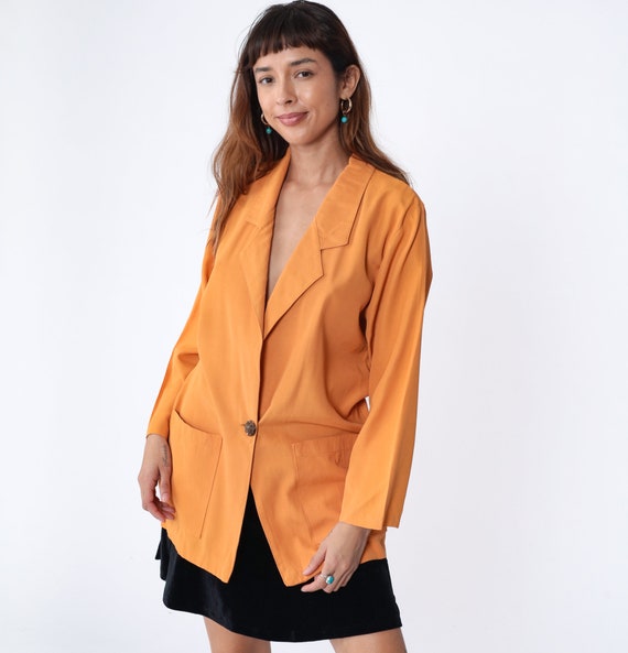 Orange Blazer 90s Button up Jacket Low Neck Deep V Simple Work Formal Office Professional Chic Plain Solid Pumpkin Vintage 1990s Medium M