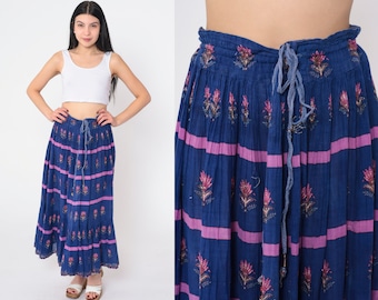 Indian Floral Maxi Skirt 90s Broomstick Skirt Blue Flower Print Hippie Bohemian Summer Flowy Boho Festival Cotton Vintage 1990s Medium Large