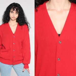 Red Cardigan Sweater 80s Sweater Knit Sweater Button Up 1980s Grandpa Plain Acrylic V Neck Slouchy Vintage Retro Button Down Large L