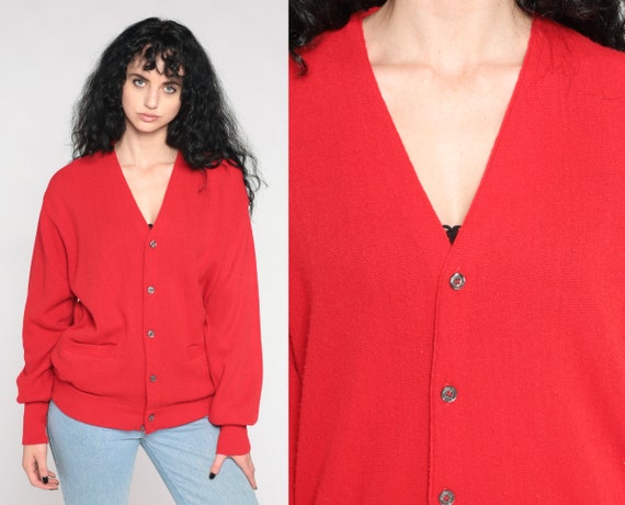 Red Cardigan Sweater 80s Sweater Knit Sweater Button Up 1980s Grandpa Plain Acrylic V Neck Slouchy Vintage Retro Button Down Large L
