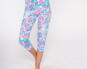 Cropped Floral Pants 90s Lounge Pants Retro Flower Print Capris High Elastic Waist Cotton Pants Casual Boho Vintage 1990s Extra Small xs