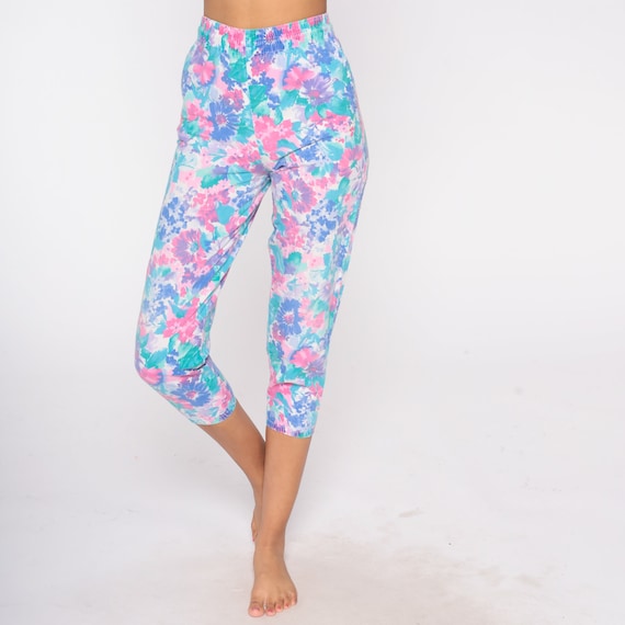 Cropped Floral Pants 90s Lounge Pants Retro Flower Print Capris High Elastic Waist Cotton Pants Casual Boho Vintage 1990s Extra Small xs
