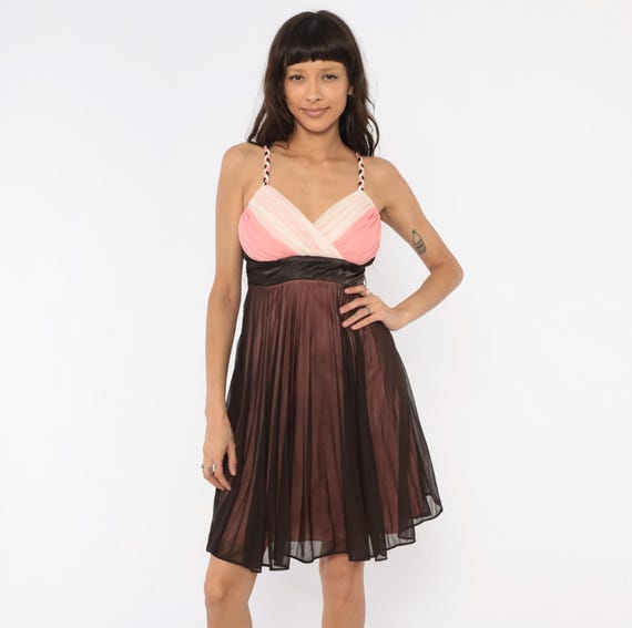Y2K Pink Babydoll Dress Pleated Chiffon Overlay Braided Strap Surplice Bust Satin Bow Back Blush Rose Black Party Cocktail Vintage Medium M