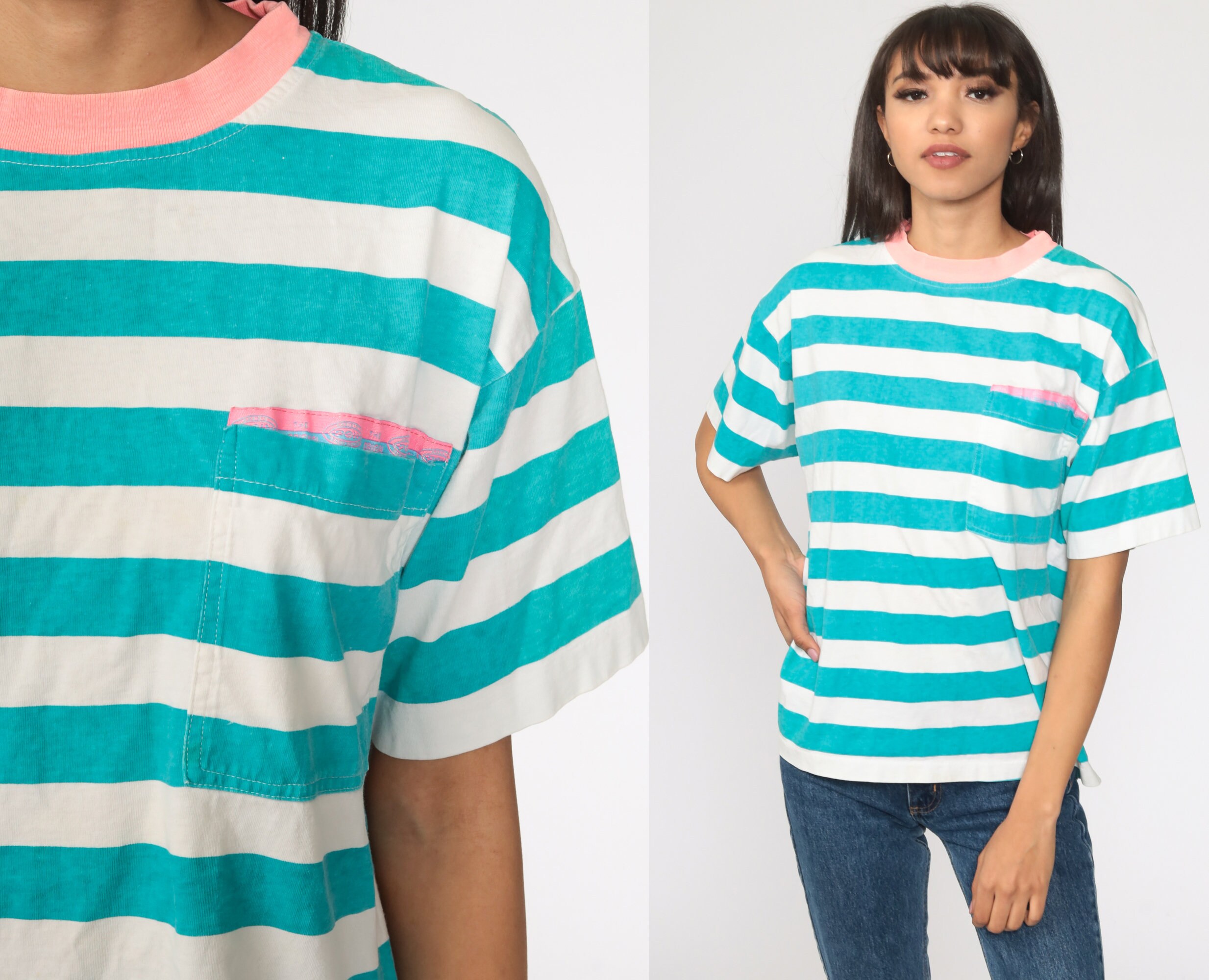 90s Striped T Shirt -- Turquoise White 
