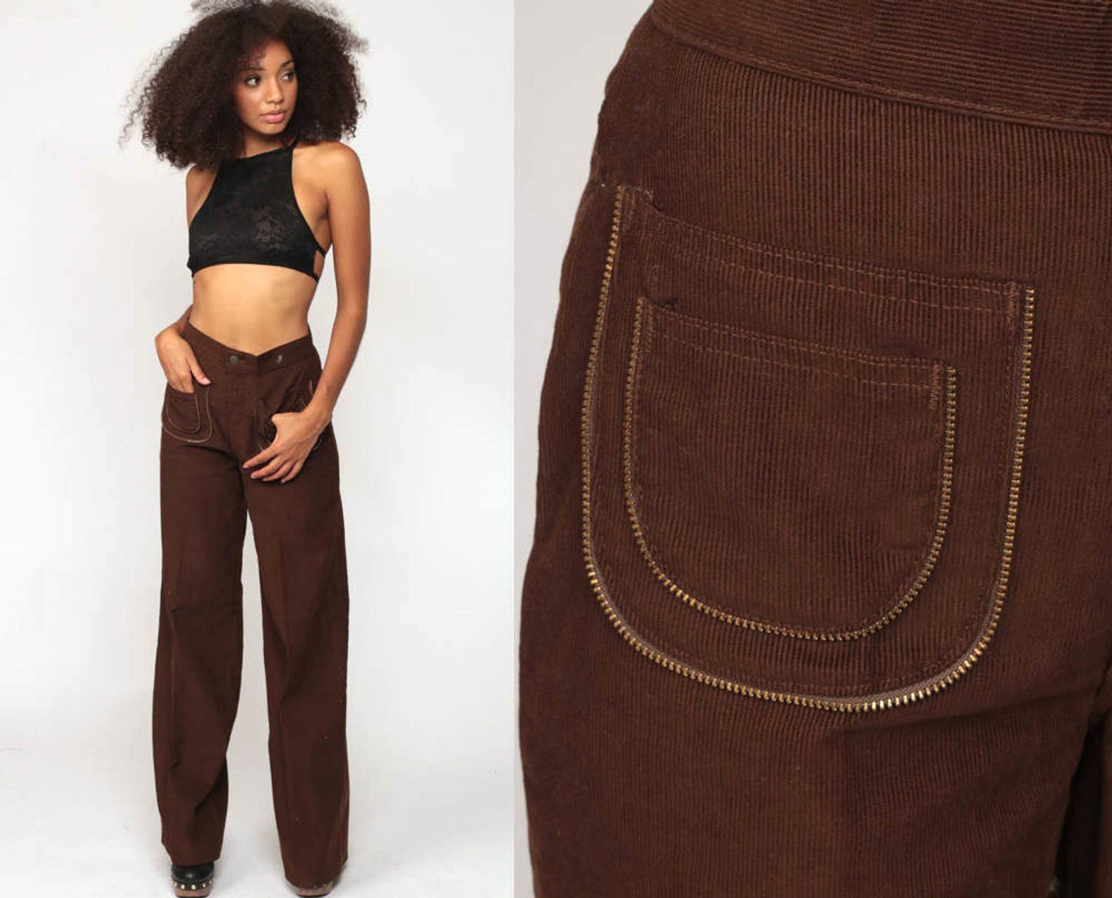 70s Bell Bottoms Pants -- Boho Hippie Bellbottom Western Shiny Brown High  Waisted 1970s Vintage Bohemian Trousers High Rise Small 26 Tall