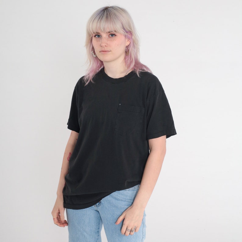 Black Pocket Tee 90s T-Shirt Retro Plain TShirt Solid T Shirt Minimalist Top Basic Shirt Streetwear Vintage 1990s Jerzees Large xl image 3