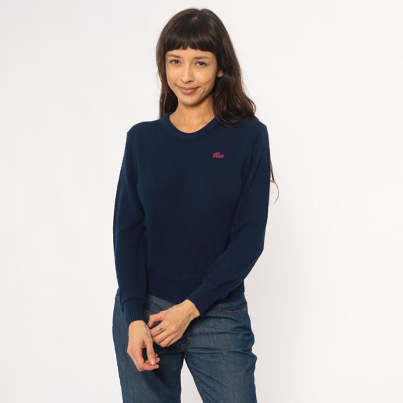 Izod Lacoste Sweater Navy Blue Crocodile Logo 80s Crew Neck Preppy Pullover Vintage Tennis Golf Collegiate Dark Academia Old Money Small S