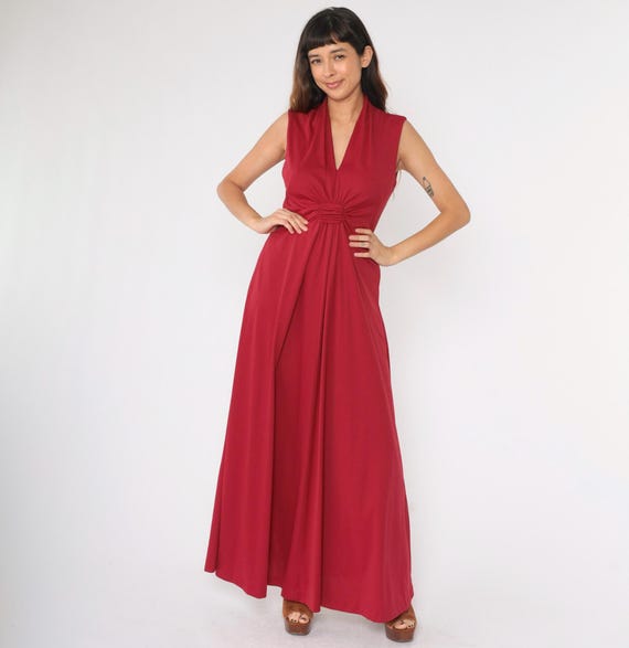 Vintage 70s Gown Raspberry Red Party Dress Grecian V Neck Maxi Dress Sleeveless Glam Retro Cocktail 1970s Medium M