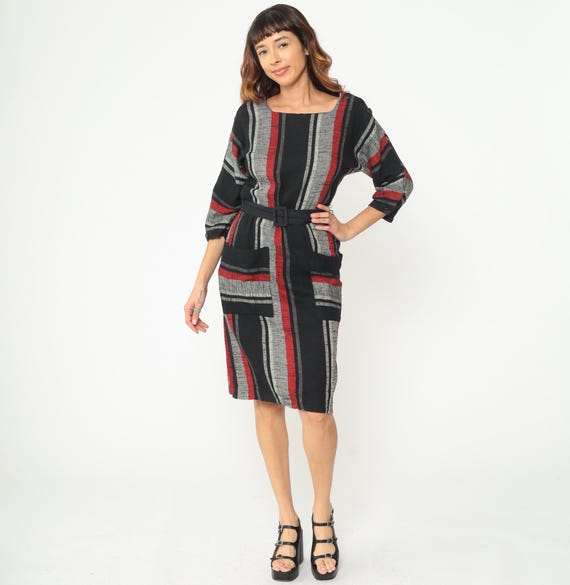 80s Striped Dress Red Black Gray Vertical Stripe Square Neck Belted 3/4 Sleeve Midi Wool Blend Knit Office Dress Work Wear Medium M 8