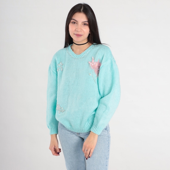 Vintage Floral Beaded Sweater Mint Blue Sequin Sweater 80s Pullover Sweater 1980s Acrylic Knit Retro Medium