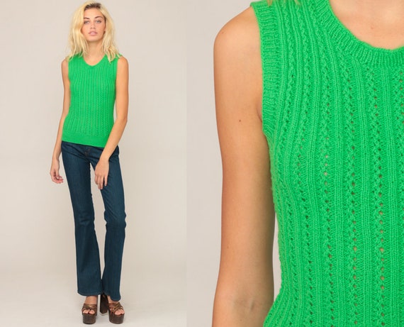 Sweater Vest Top Knit Tank Top SHEER Shirt Neon Green Sleeveless Nerd 70s Boho Hippie Top Bohemian Freaks and Geeks Vintage Extra Small xs