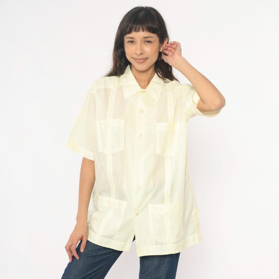 80s Summer Shirt Pale Yellow Sheer Mexican Pintuck Pleated Two Pockets Cream Ivory Collar Spring Yacht Party Vintage Extra Large XL