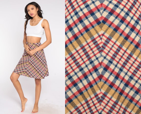 60s Wool Skirt Madras Plaid Skirt High Waisted Preppy Fit and Flare Retro Secretary Uniform Classic Fall Boho Vintage 1960s Extra Small XS 2