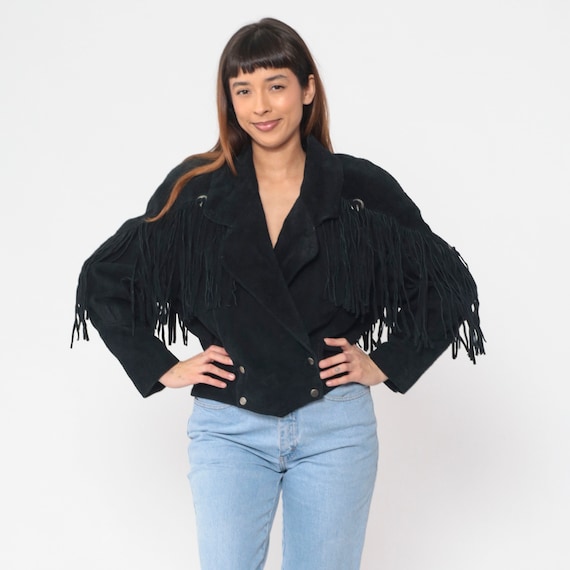 Suede Fringe Jacket 90s Black Leather Cropped Jacket Concho Double Breasted Snap Up Crop Western Rocker Boho Biker Vintage 1990s Medium M