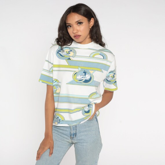 Surfer Shirt 90s Surf Print T Shirt Retro Art Deco Graphic Tee Beach Surfing Mock Neck Top White Combed Cotton Vintage 1990s Keepers Medium