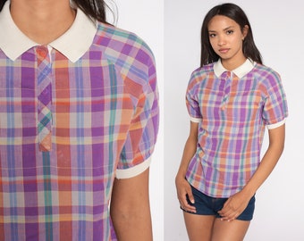 Plaid Blouse 80s Collared Shirt Retro Summer Short Sleeve Button Up Top Secretary Preppy Casual Purple Orange Green Vintage 1980s Small S