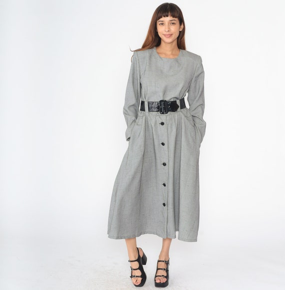 90s Midi Dress Black White Checkered Day Dress Pocket Retro Preppy Long Sleeve High Waist Patent Black Belt Button Up Vintage 1990s Large 12
