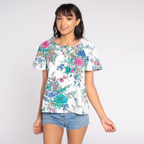 Vintage Floral Tent Top 70s Blouse White Keyhole Shirt 70s Hippie Boho Top Trapeze 1970s Bohemian Shirt Tunic Top Medium