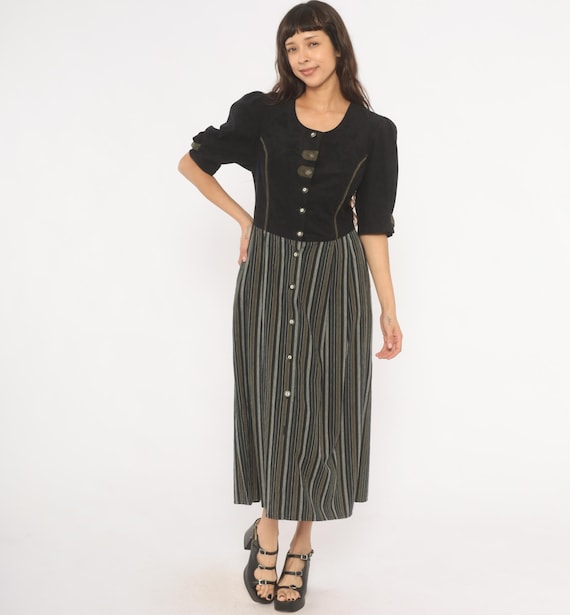 90s Dirndl Dress Black Olive Striped Skirt Puff Sleeve Cotton Folk Bavarian Prairie Midi Austrian Cottagecore Fitted Bodice Extra Large XL