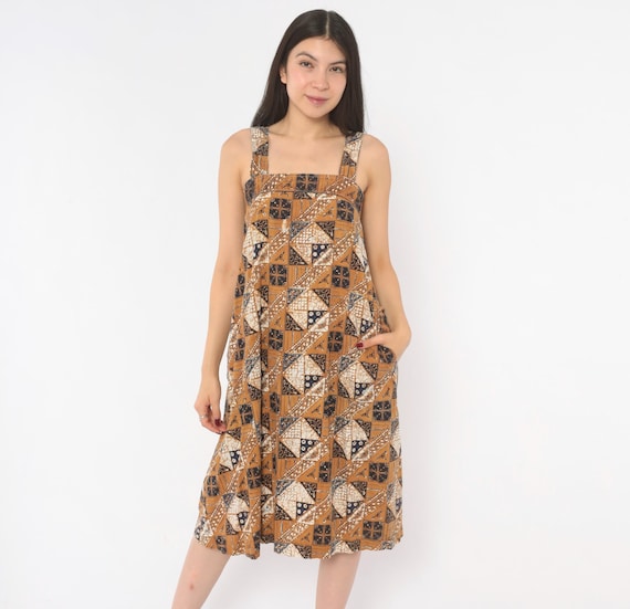 80s Batik Sundress Tan Navy Cotton Square Neck Sleeveless A Line Knee Length Indonesian Print Geometric Tank Patchwork Vintage Extra Small