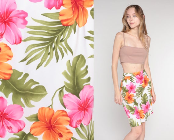 Tropical Floral Skirt 90s White Mini Pencil Skirt Hawaiian Flower Leaf Print Retro Summer High Waisted Miniskirt Vintage 1990s Small 6