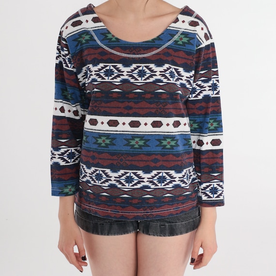 Southwestern Shirt 90s Striped T-Shirt Navajo Eye Geometric Print TShirt Geometric Graphic Tee Long Sleeve Top Blue Red Vintage 1990s Medium