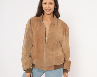Vintage Pig Suede Jacket 80s Brown Leather Bomber Jacket Retro Zip 