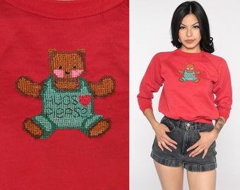 Teddy Bear Shirt 80s Sweatshirt Red Raglan Sleeve Graphic Kawaii Vintage 1980s Slouchy Pullover Extra Small xs
