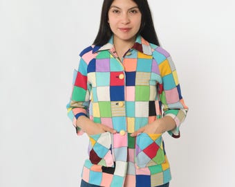 Jaqueta vintage patchwork anos 70 brilhante multicolorido quadrado boho acolchoado mod retro forrado bloco de cores ousado boho festival anos 70 extra pequeno xs