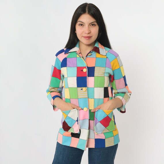 Vintage Patchwork Jacket 70s Bright Multicolor Square Boho Quilted Mod Retro Lined Bold Color Block 1970s Bohemian Festival Extra Small xs