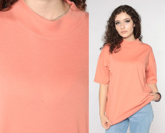 Orange Mock Neck Shirt Plain TShirt 90s T Shirt Retro Tee Vintage 1990s Basic Tee Shirt Blank Drop Shoulder Large L