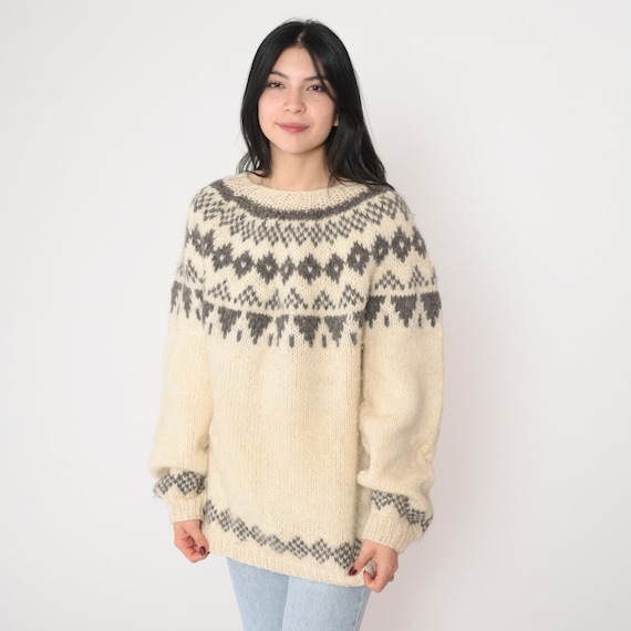 Fair Isle Sweater 90s Wool Knit Pullover Sweater Cream Grey Geometric Diamond Print Crewneck Jumper Boho Fall Winter Vintage 1990s Large L
