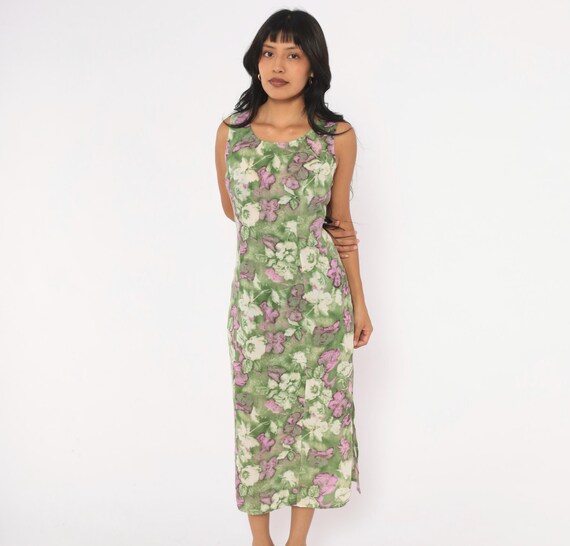 90s Floral Midi Dress Green Purple Sleeveless Scoop Neck Tie Back Watercolor Lilac Cream Sheath Garden Party Summer Sundress Vintage Small S