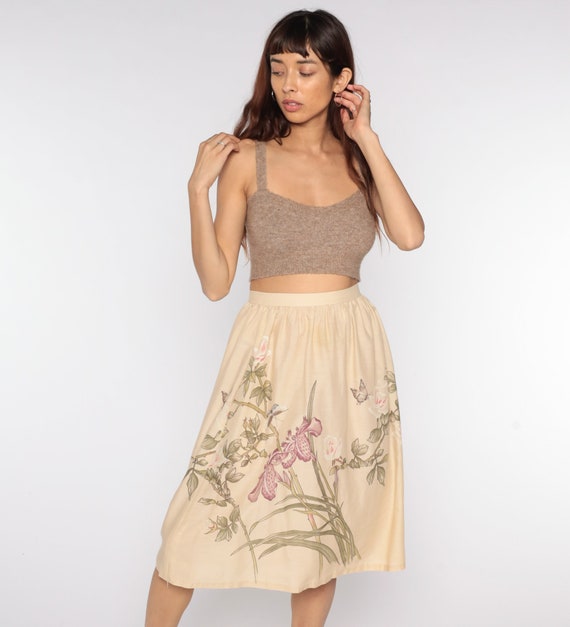 Floral Midi Skirt 70s Boho Skirt 80s High Waisted Beige 1970s Bohemian Hippie Festival Vintage Retro Small S