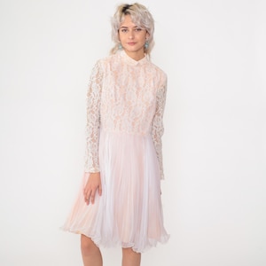 60s White Lace Party Dress Chiffon Pleated Cocktail Dress Long sleeve Midi High Waist Mock Neck Sixties Prom Formal Vintage 1960s Medium M