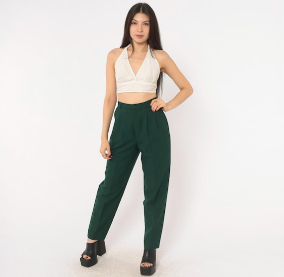80s Pleated Trousers Forest Green High Waist Tapered Leg Pants Emerald Slacks Front Pleat Dark Academia Straight Fit Vintage Extra Small XS